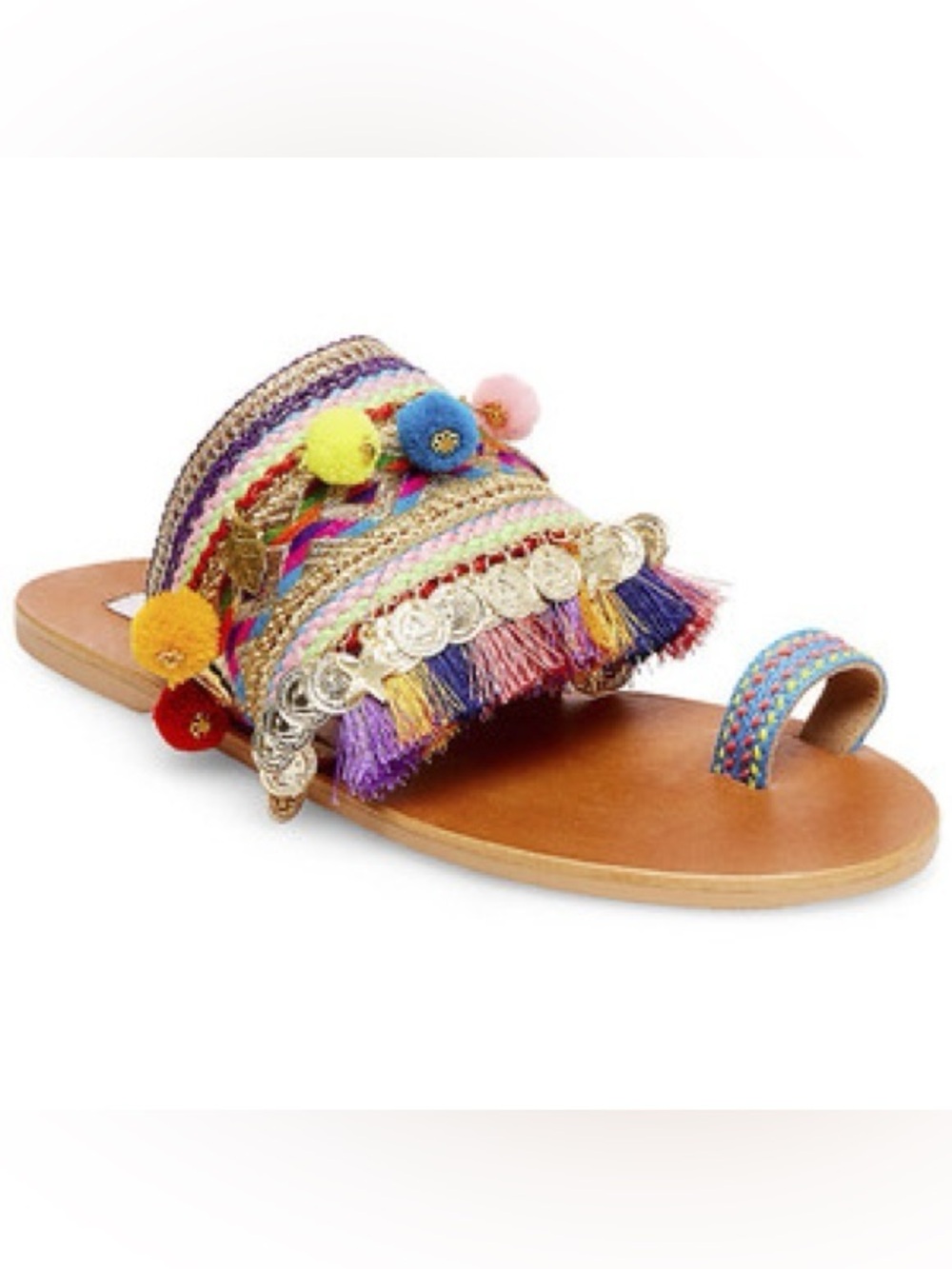 Steve Madden Carly Boho Sandals Pom Pom Tassel Coin Embellished Slides Size 7